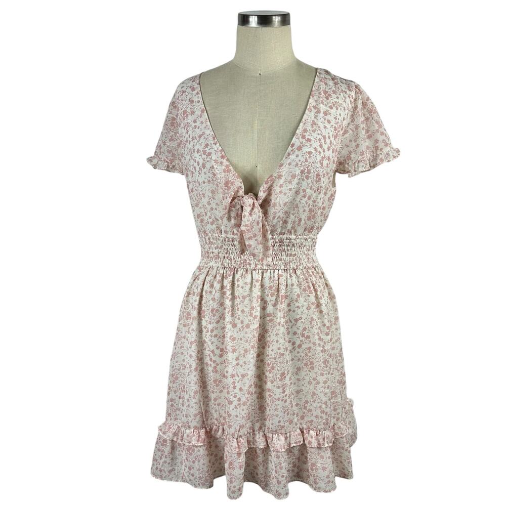 STORIA White Pink Floral Ruffle‎ Mini Dress Women's Size Large Cut Out V-Neck